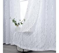 Kotile Lot de 2 rideaux occultants semi-transparents, avec œillets, motif branches d’arbre argentées métallisées, pour salon, 132 x 241 (l) cm, blanc et argenté