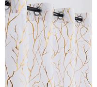 Kotile Lot de 2 Rideaux Transparents, filtrant la lumière avec œillets et Motif Branches d’Arbre dorées métallisées, 132 x 213 (l) cm, Blanc et doré