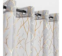 Kotile Lot de 2 Rideaux Transparents occultants avec œillets et Motif de Branches d'arbre dorées métallisées, 132 x 241 (l) cm, Gris doré