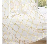 Kotile Lot de 2 voilages blancs pour chambre à coucher - Voilages semi-transparents à motif géométrique à carreaux marocains imprimés en feuille d'or métallique de 228 cm de long - Voile