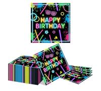Kotkiddy 40 Pièces Serviettes d'anniversaire Couleurs Néon 33x33cm Graffiti Coloré Joyeux Anniversaire Serviettes en Papier Thème Néon Décoration De Fête Serviettes Jetab