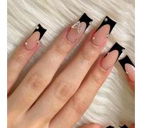 Kotkiddy® Lot de 24 faux ongles à pression longue avec pointes françaises noires, faux ongles papillon avec strass, couverture complète, faux ongles aiguilles avec finition brillante