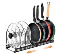 KOTKMSXTSW Organisateur de casseroles et poêles extensible pour armoire, support de casseroles pour le rangement de la cuisine, support de couvercle de casserole, noir avec 10 séparateurs réglables
