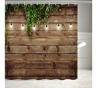 KOTOM Vintage Rustic Wooden Board Door Shower Curtain, Green Leaves on Farmhouse Country Wood Plank, Waterproof Polyester Fabric Countryside Life Bathroom Curtain with12PCS Hooks, 69X70IN