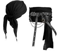 KOTORA Costume de pirate - Foulard - Bandanas - Ceinture médiévale - Pochette porte-monnaie - Crochet en cuir - Chaîne - Noir