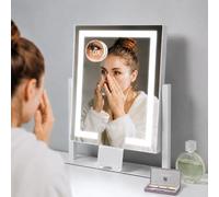 Kottova Miroir de Maquillage avec lumières, Miroir de Table 30x36 cm, 3 Modes d’éclairage réglables par capteur Tactile, Miroir grossissant Amovible 15X (Petit miroi Rond), Cadre en métal - Blanc