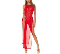 Koucla Cover-up Robe Gogo Robe maxi transparente sans manches avec découpes au niveau des jambes, rouge, L