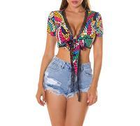 Koucla Fantasy Printed Crop Top à manches courtes avec dentelle à nouer, Marine, Small-Medium