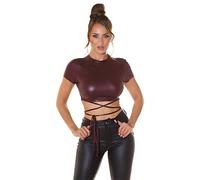 Koucla Haut à effet mouillé, style crop top, à nouer, ventre nu, manches courtes, bordeaux, taille unique