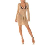 Koucla Mini robe de plage transparente en maille pailletée, avec trompette, manches longues, col en V XXL, ceinture, or, S-M