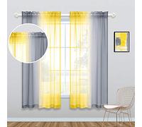 KOUFALL Lot de 2 Rideaux Transparents Jaunes de 160 cm de Long pour Chambre à Coucher, Rideaux Jaunes et Gris ombrés avec Passe-Tringle pour Chambre de Fille, Salle à Manger, 127 x 160 cm de Long