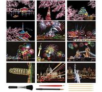 KOUHA Carte a Gratter Feux D'artifice et Fleurs de Cerisier 12 pcs Papier à Gratter Scratch Art Feuilles à Gratter Papier Tableau à Gratter et Ensemble de Stylos Dessin Gratter Cartes à Gratte
