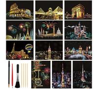 KOUHA Carte a Gratter Papier à Gratter Urbain 12 pcs Scratch Art Feuilles à Gratter Papier Tableau à Gratter et Ensemble de Stylos Monuments de Renommée Mondiale Dessin Gratter Cartes à Gratte