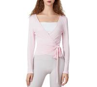Kouoybt Haut cache-cœur à manches longues pour femme - Chemise de ballet d'entraînement et de yoga Y2K - Chemisier coquette à col en V croisé sur le devant, A - Rose, S