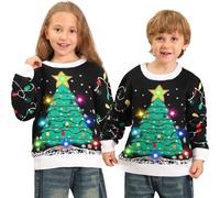 Kouric Pull de Noel Lumineux Enfant,Pull Moche Noel Fille Garçon,Pulls Noël LED,Unisexe Drole Sweat Noël Ado Sapin,Hiver Chaud Col Rond,Noir Manche Longue Outwear pour Les Fetes Âge 4-13