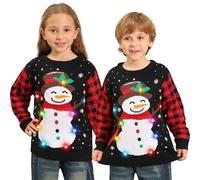 Kouric Pull de Noel Lumineux LED Fille Garçon,Pull Noël Famille Drole,Unisexe Pulls Noel Enfant Ado Bonhomme de Neige,Xmas Sweat Hiver Chaud Col Rond,Clignotant Manche Longue Outwear Âge 4-13