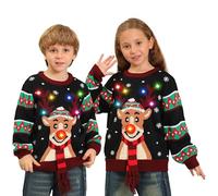 Kouric Pull Moche de Noel Lumineux,Pull de Noel Enfant Fille Garcon,Pulls Noël Drole,Unisexe Pulls Noel Cerf Ado,Christmas Sweatshirts Hiver Chaud Col Rond,Clignotant Manche Longue Outwear Âge 4-13