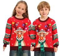 Kouric Pull Moche de Noel Lumineux,Pull de Noel Enfant Fille Garcon,Pulls Noël Drole,Unisexe Pulls Noel Cerf Ado,Christmas Sweatshirts Hiver Chaud Col Rond,Clignotant Manche Longue Outwear Âge 4-13