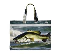 KOUUIP Bass Fishing Wave Sac à documents en toile avec impression 26 x 38 cm, 2 poches zippées, sans encombrement pour fichiers de bureau