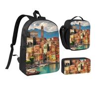 KOUUIP Beau sac à dos imprimé Italie avec trousse à déjeuner 3 pièces, sac à livres léger unisexe pour les voyages