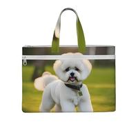 KOUUIP Bichon Frise Dog sur l'herbe Sac à documents en toile avec impression 26 x 38 cm, 2 poches zippées, sans encombrement pour dossiers de bureau