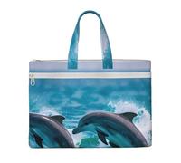 KOUUIP Dauphins in the sea Sac à documents en toile avec impression 26 x 38 cm, 2 poches zippées, sans encombrement pour fichiers de bureau