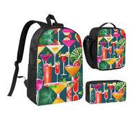 KOUUIP Lot de 3 sacs à dos à imprimé cocktail tropical avec trousse à déjeuner, sac à livres léger unisexe pour les voyages