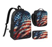KOUUIP Lot de 3 sacs à dos avec imprimé drapeau américain feu d'artifice du 4 juillet avec sac à déjeuner et trousse à crayons, sac à livres léger unisexe pour les voyages, noir, One Size