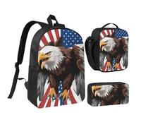 KOUUIP Lot de 3 sacs à dos avec motif aigle avec drapeau des États-Unis et trousse à crayons, léger, unisexe pour les voyages