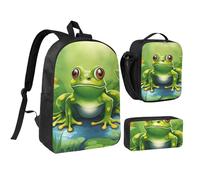 KOUUIP Lot de 3 sacs à dos avec sac à déjeuner et trousse à crayons - Léger - Unisexe - Motif grenouille