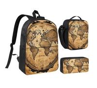 KOUUIP Lot de 3 sacs à dos avec sac à déjeuner et trousse à crayons Motif carte du monde antique Unisexe