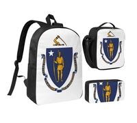 KOUUIP Lot de 3 sacs à dos avec trousse à crayons et sac à déjeuner avec imprimé drapeau de l'État du Massachusetts, léger unisexe pour les voyages