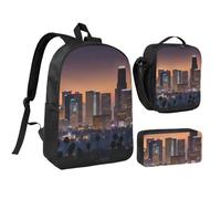 KOUUIP Lot de 3 sacs à dos avec trousse à crayons et sac à déjeuner - Motif horizon de Los Angeles - Léger - Unisexe - Pour les voyages