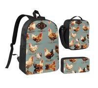 KOUUIP Lot de 3 sacs à dos imprimés de poules avec trousse à déjeuner et trousse à crayons, sac à livres léger unisexe pour les voyages, noir, One Size