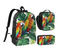KOUUIP Sac à dos avec imprimé de fleurs tropicales, feuilles et perroquets, sac à dos avec trousse à déjeuner, 3 pièces, sac à livres léger unisexe pour les voyages, noir, One Size