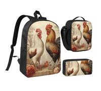 KOUUIP Sac à dos imprimé coq et poulet1 avec trousse à déjeuner 3 pièces, sac à livres léger unisexe pour les voyages
