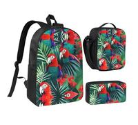 KOUUIP Sac à dos imprimé de perroquet tropical avec sac à déjeuner 3 pièces, sac à dos léger unisexe pour les voyages, noir, taille unique