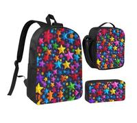 KOUUIP Sac à dos imprimé étoiles colorées avec trousse à déjeuner 3 pièces, sac à livres léger unisexe pour les voyages