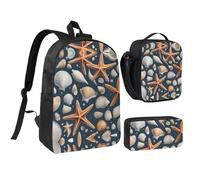 KOUUIP Sac à dos imprimé étoiles de mer et coquillages avec trousse à déjeuner 3 pièces, sac à livres léger unisexe pour les voyages