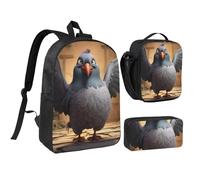 KOUUIP Sac à dos imprimé pigeon de dessin animé 1 avec trousse à déjeuner 3 pièces, sac à livres léger unisexe pour les voyages