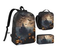KOUUIP Sacs à dos d'Halloween avec 3 chauves-souris volantes imprimées avec trousse à déjeuner, trousse à crayons, sac à livres léger, unisexe pour les voyages