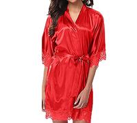 KOUYA Robe de chambre pour femme - En dentelle - Manches courtes - Col en V - Kimono - Dentelle florale - Avec ceinture, rouge, XXL