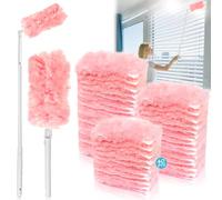 KOVSGQ pour swiffer plumeau poussiere Recharge swiffer plumeaux 40 Pcs plumeau telescopique 3D 360° 1 poignée 1 Manche télescopique pour Nettoyer la Poussière la Saleté Les Poils Plumeaux(Rose)
