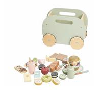 kowaku Chariot de Pique-Nique Enfant Jouet Cuisine Set Plateau Aliments Accessoires Bois Éducatif avec Chariot à Tirer et Tapis de Pique-Nique pour Jeu de