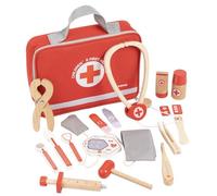 kowaku Children Pretend Play Mallette Docteur Jouet Imitation en Bois Ensemble Sensoriel Rôle Créativité Développement Social , Ensemble De Docteur en Bois Rouge avec Sac De Rangement en Tissu