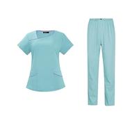 kowaku Femmes Scrubs Ensembles Vêtements de Travail Minces Manches Courtes avec Poches Haut et Pantalon Confortables Infirmières Uniforme pour Massage Centre, Bleu Ciel M