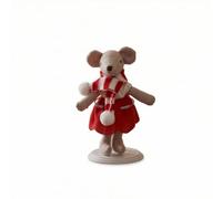 kowaku Poupée Enfant Figurine Peluche Décor Statue avec Visage Brodé et Oreilles Rondes Écharpe Tricotée Rayée à Pompon Base Ronde Blanche pour Pose Stable, Souris en Robe Rouge De 13 Cm