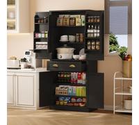 kowdom Armoire de cuisine buffet avec 4 portes, 1 tiroir, 6 compartiments de rangement et 4 étagères réglables, 80 x 40 x 182 cm, noire, pour cuisine, salle à manger et salon