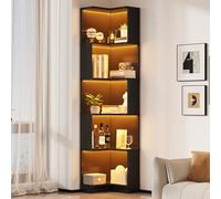 kowdom Bibliothèque d'angle en forme de L 63,5 x 45 x 175 cm - Vitrine à 5 étages avec application LED, vitrine de collection noire, armoire de rangement pour coin, armoire haute avec lumière