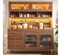 kowdom Buffet armoire haute avec éclairage LED - Armoire de cuisine au design moderne - Vitrine en MDF et verre avec contrôle par application - Grand espace de rangement - 145 x 39 x 171 cm - Noyer